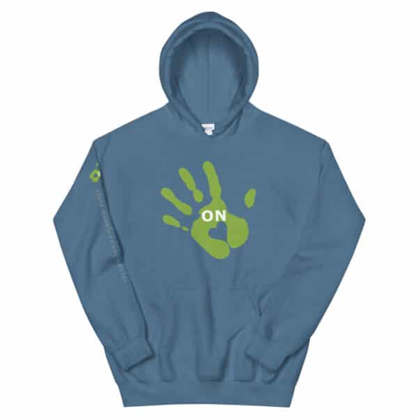 blue hoodie, "ON" handprint