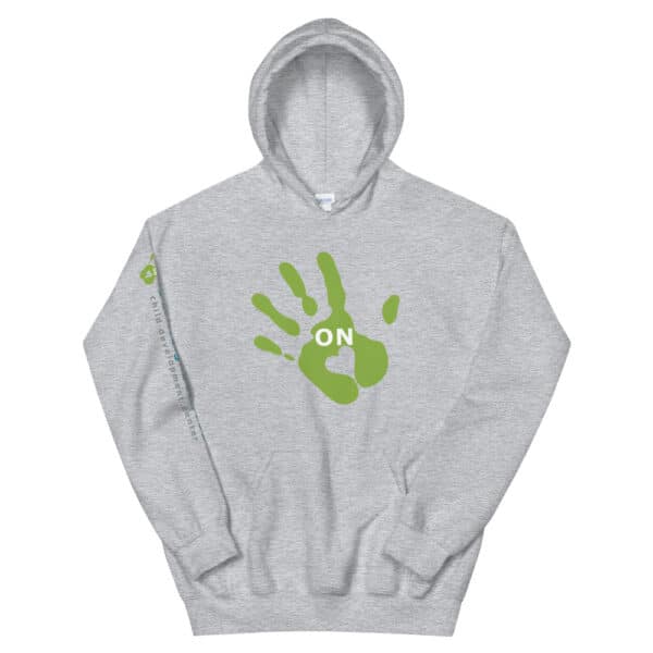 light gray hoodie with green "ON" handprint