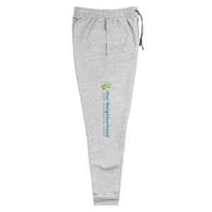 unisex, off white joggers, text reads "our neighborhood" down the side of the leg